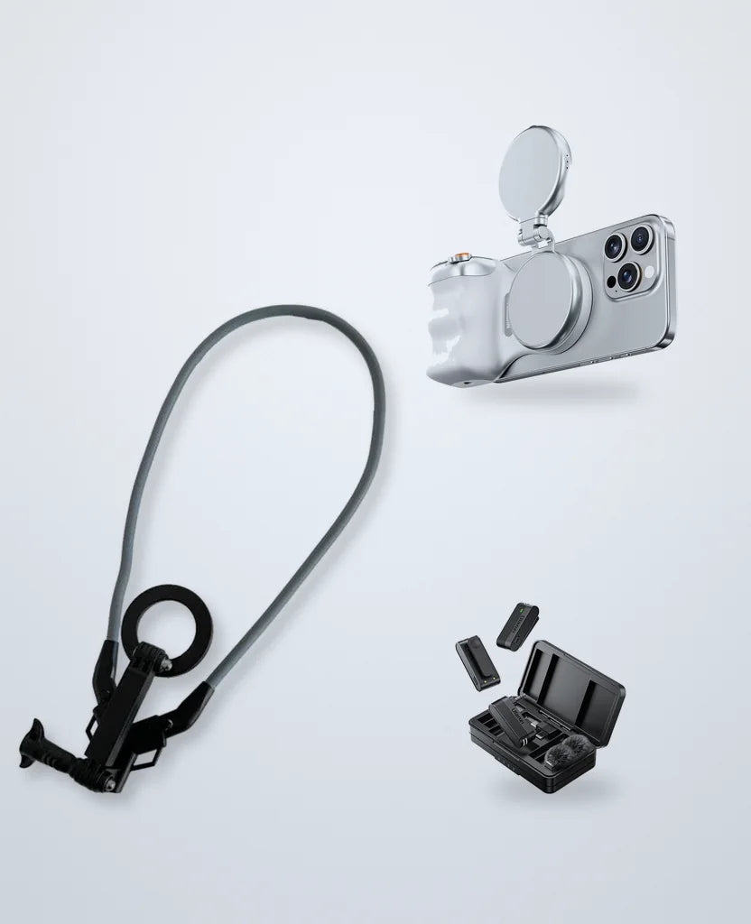 The phone kit: Strap, Grip on a phone and the Mic case