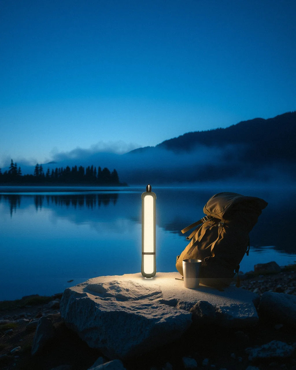 The Adventure Lamp lit on a rock by a lake at blue hour, next to a daypack and a camping mug