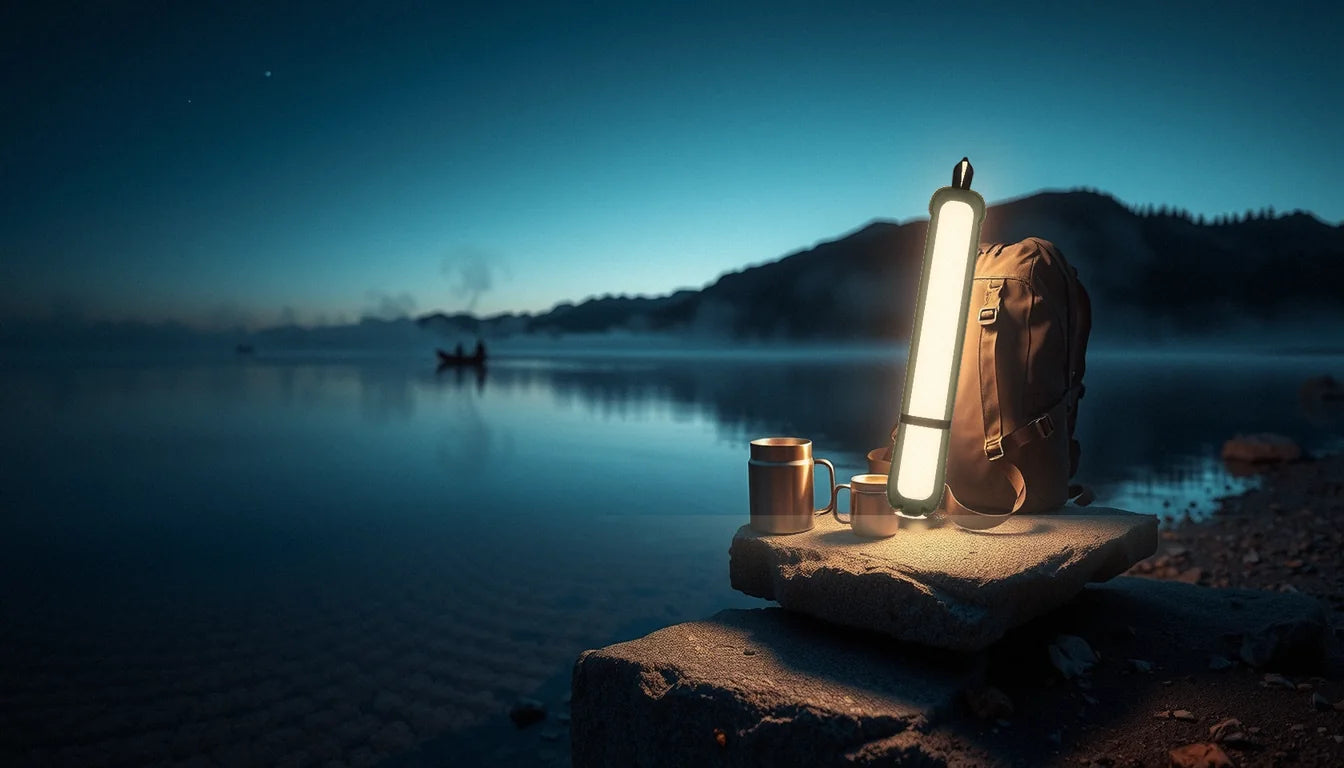 An Adventure Lamp lit on a rock at the edge of a lake at blue hour, next to a daypack and a camping mug