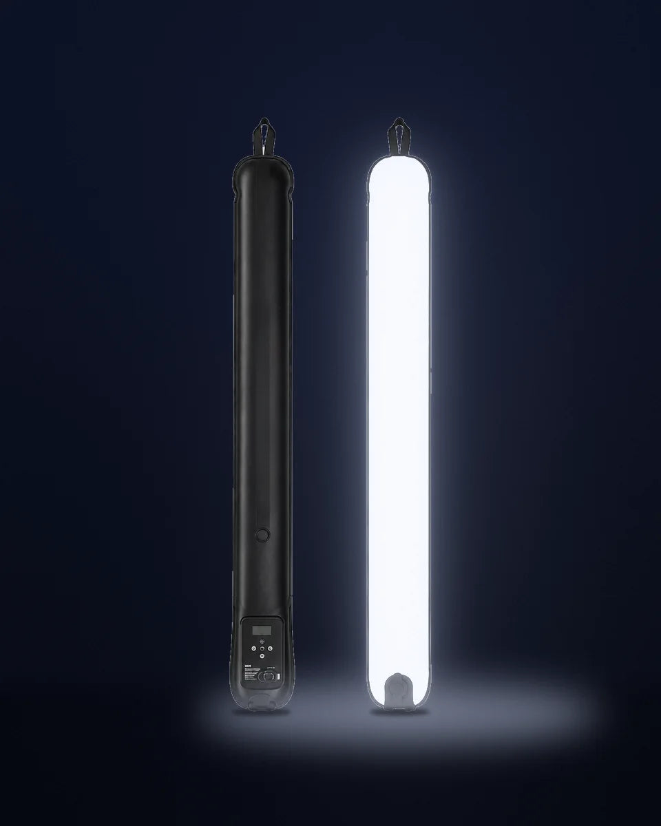The Creator Lamp from both sides: the black body with its control panel, and the diffuser switched on