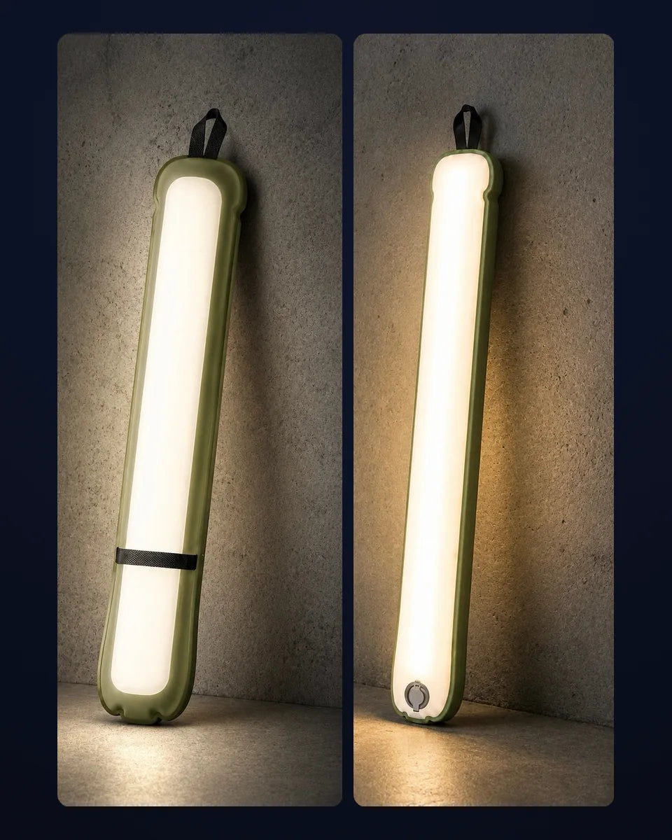 The Adventure Lamp lit in two settings against a concrete wall